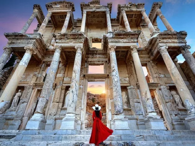 Historical-Marvels-Unearthing-the-Past-woman-standing-celsus-library-ephesus-ancient-city-izmir-turkey_